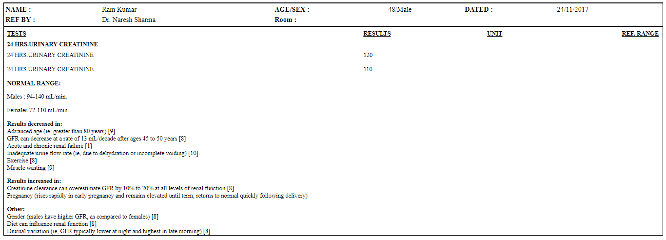 nevino urinary creatinine report with summery